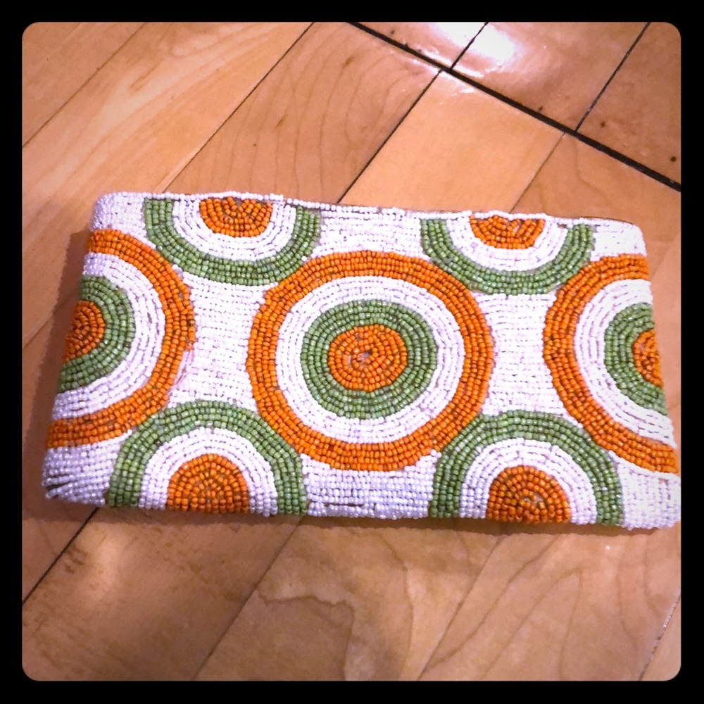 Very pretty orange and green beaded clutch